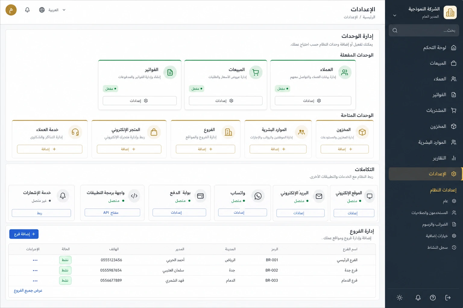لوحة إدارة وحدات النظام والفروع والتكاملات